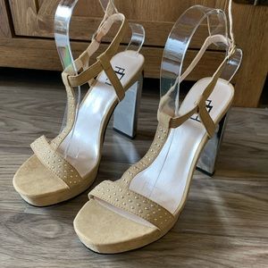 Beige Suede T-Strap Shoes with Jeweled Heel Size 8